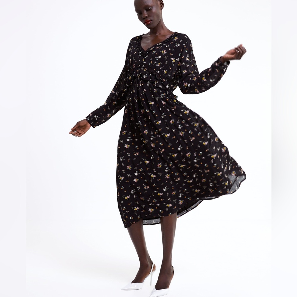 Zara Black Floral Long Sleeve Dress summer spring fall flowy midi casual chic
